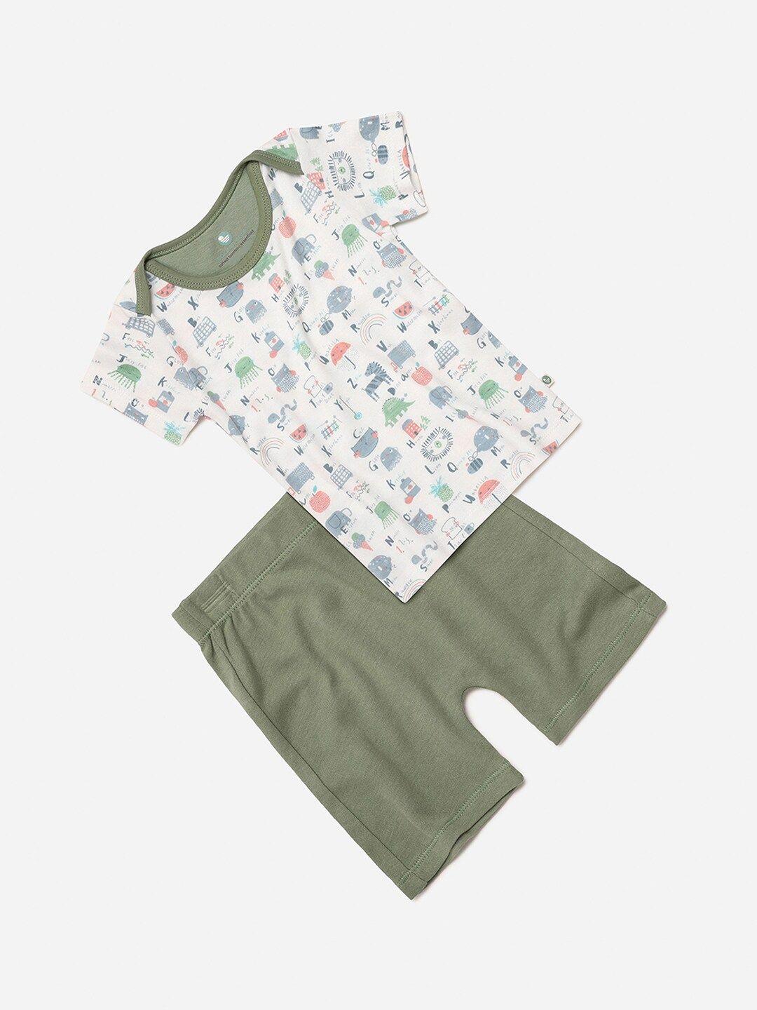cocoon-care-kids-white-&-olive-green-printed-bamboo-t-shirt-with-shorts