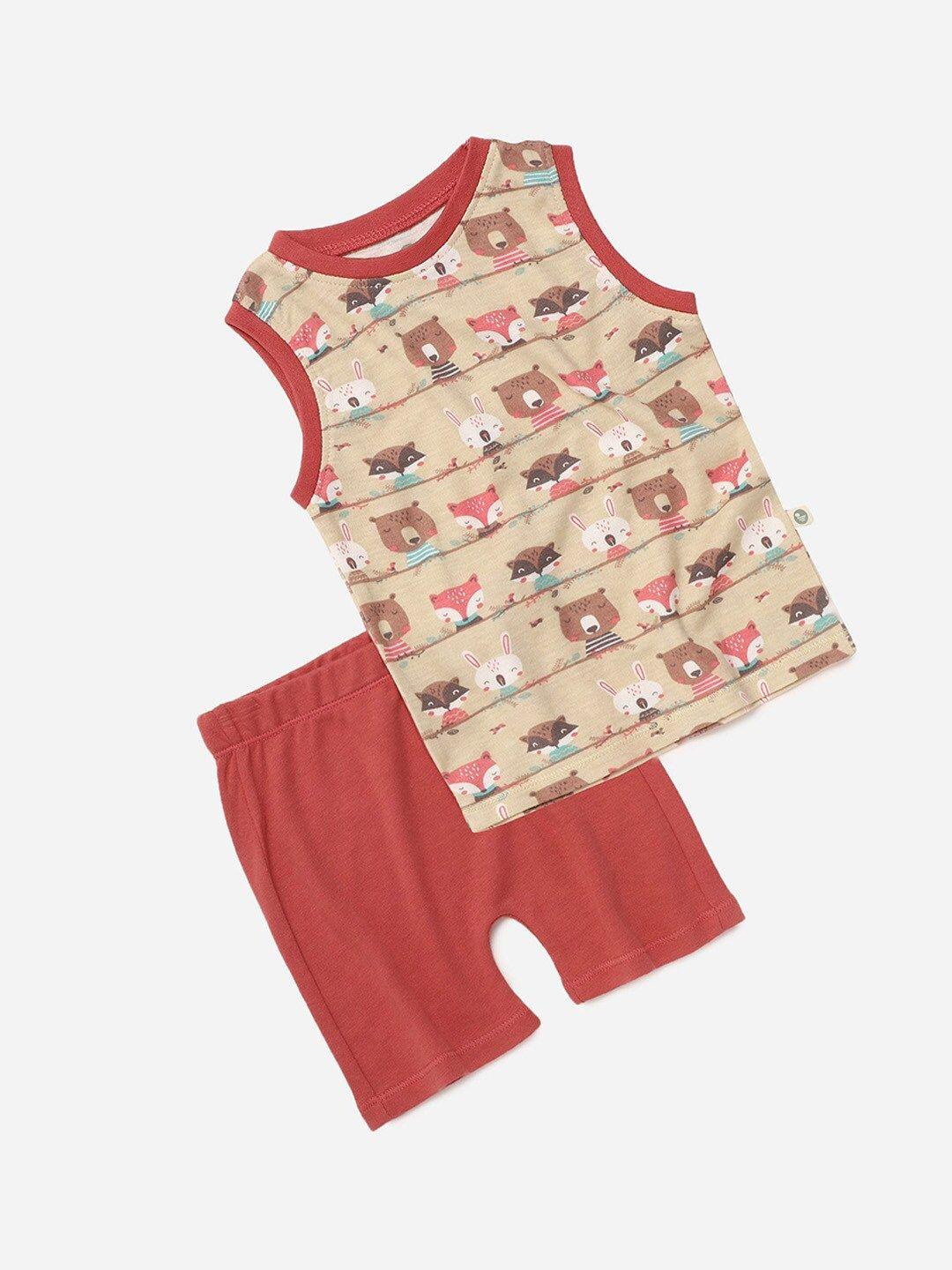 cocoon care kids beige & red printed bamboo t-shirt with shorts