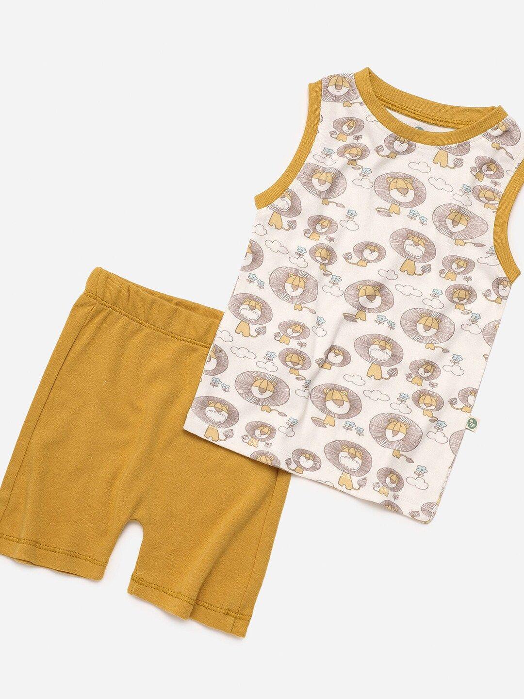 cocoon care kids off-white & mustard yellow printed bamboo t-shirt with shorts