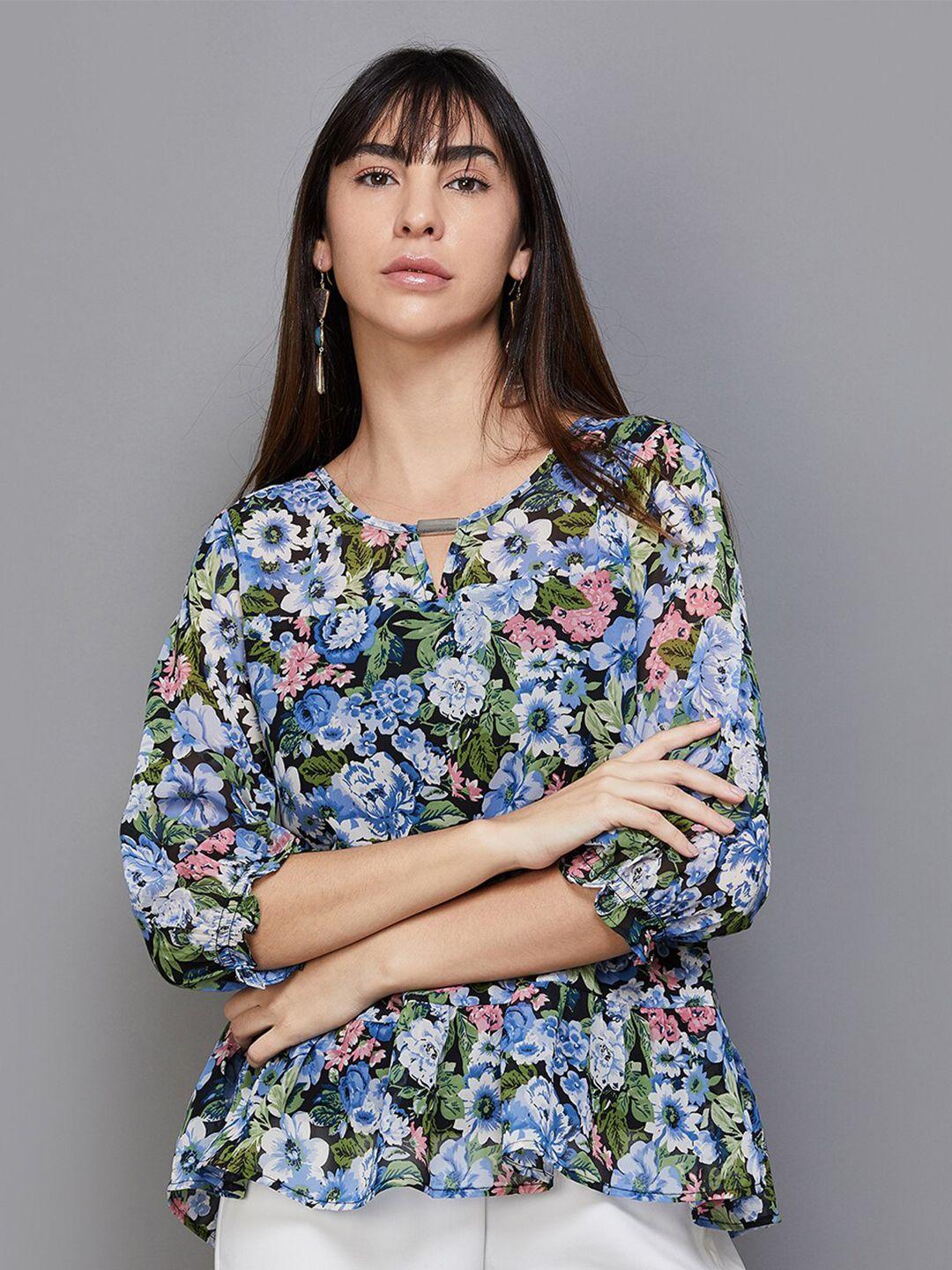 code by lifestyle floral printed keyhole neck puff sleeves top