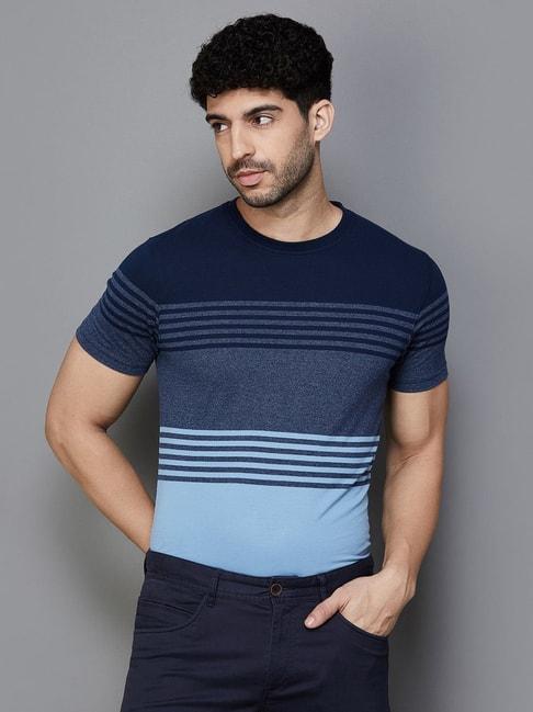 code by lifestyle navy regular fit striped t-shirt