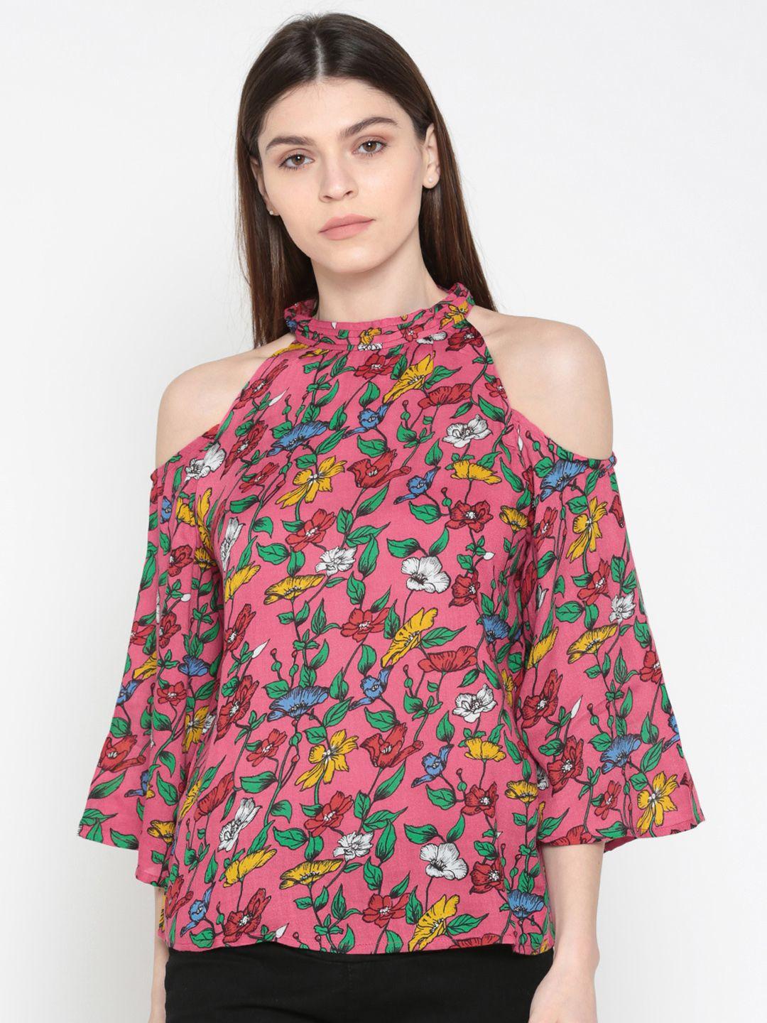 code by lifestyle women pink printed cold-shoulder top