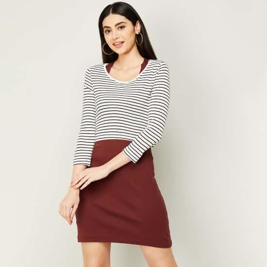 code classic women solid bodycon dress with striped top