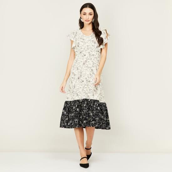 code women colourblocked printed v-neck a-line dress