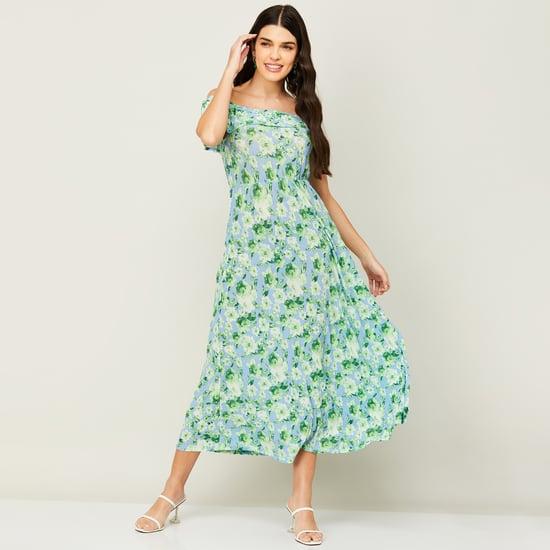 code-women-floral-printed-off-shoulder-a-line-dress