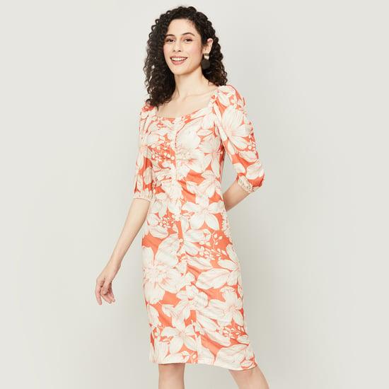 code women floral printed puffed sleeves bodycon dress
