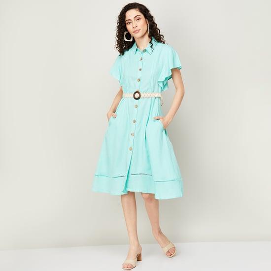 code women solid collared belted shirt dress