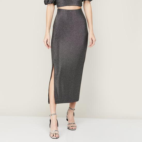 code women solid elasticated slit detailed bodycon skirt