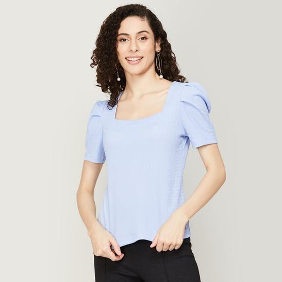 code women solid puffed sleeves casual top