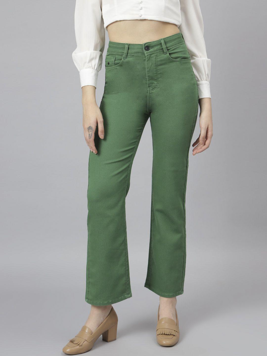 code 61 women green wide leg high-rise stretchable cropped jeans