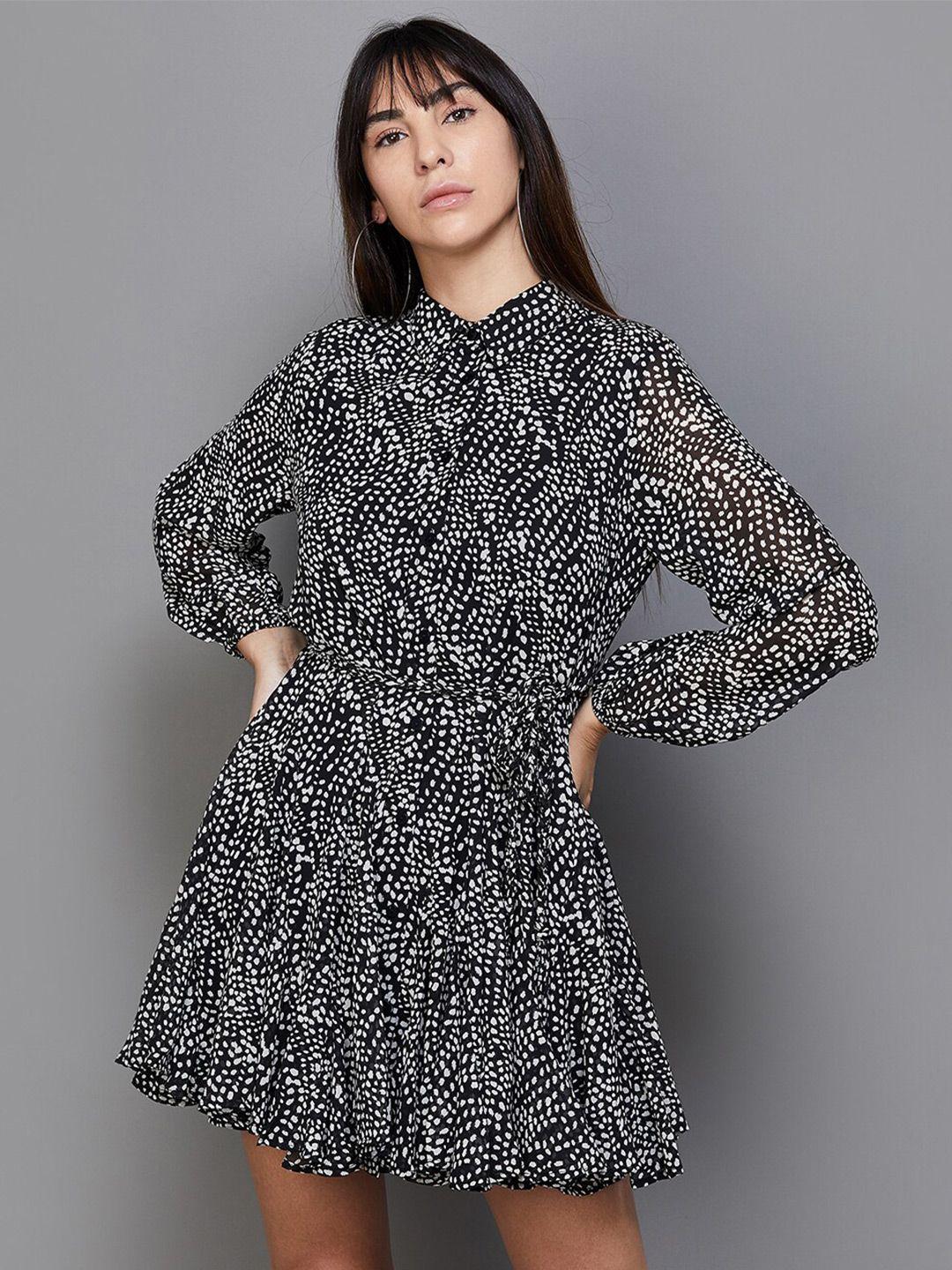 code by lifestyle abstract print shirt collar cuffed sleeves fit & flare mini dress