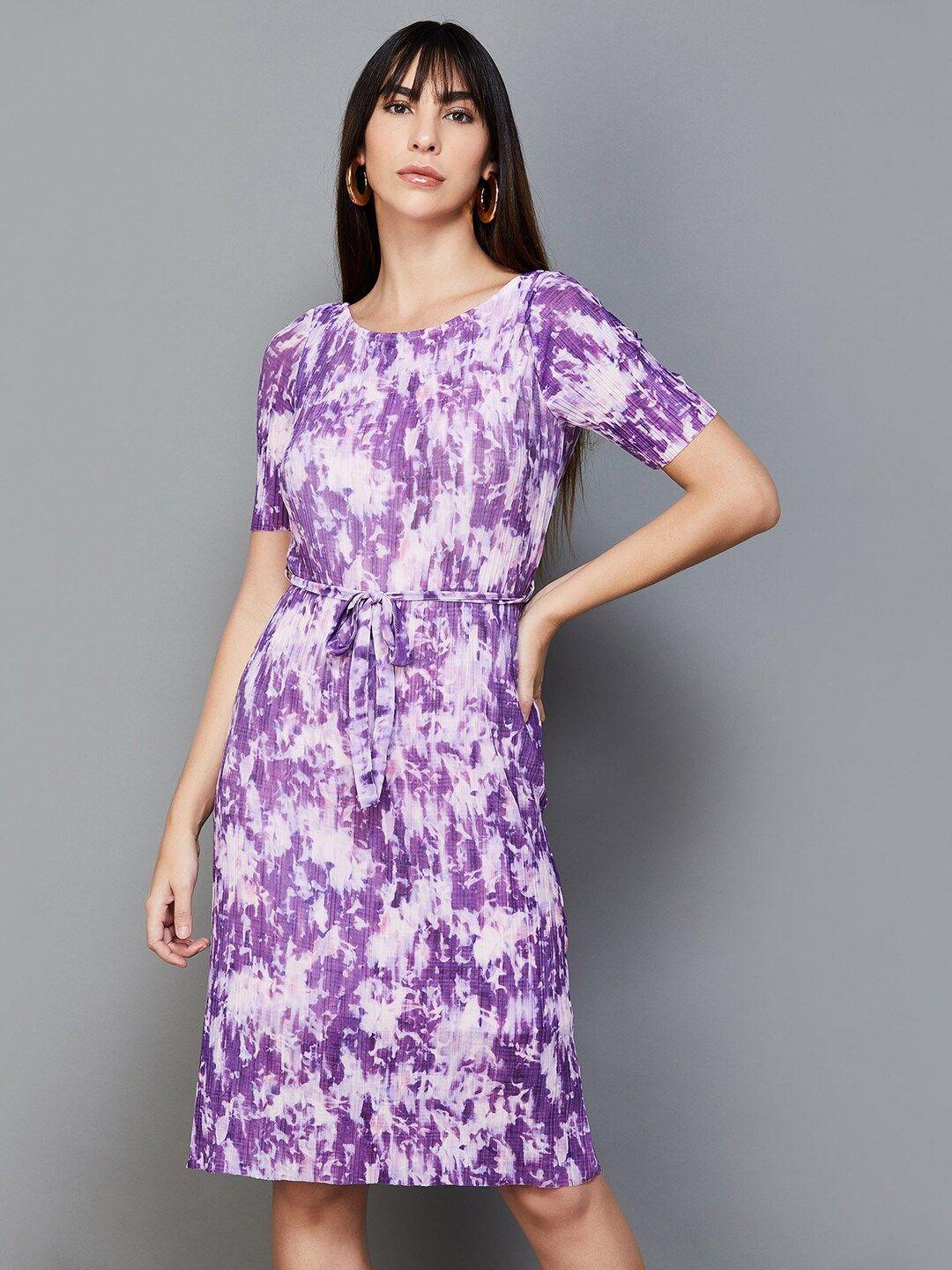 code by lifestyle abstract printed round neck sheath dress with belt