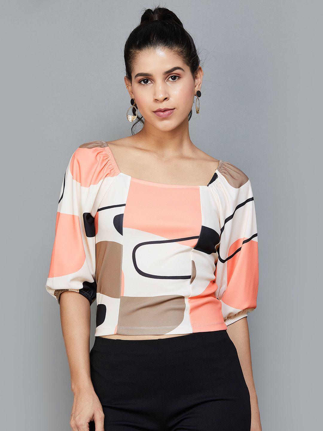 code by lifestyle abstract printed square neck smocked crop top