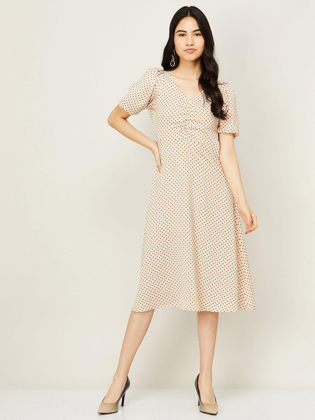 code by lifestyle beige & red printed a-line midi dress