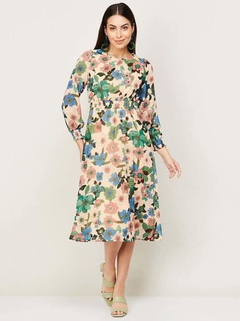 code by lifestyle beige floral print a-line dress