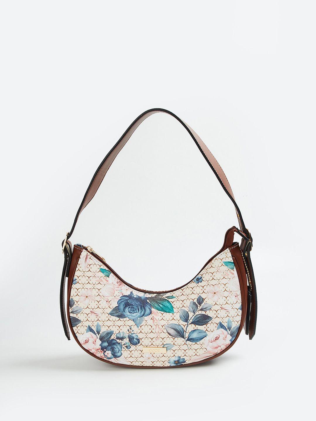 code by lifestyle beige floral printed structured hobo bag