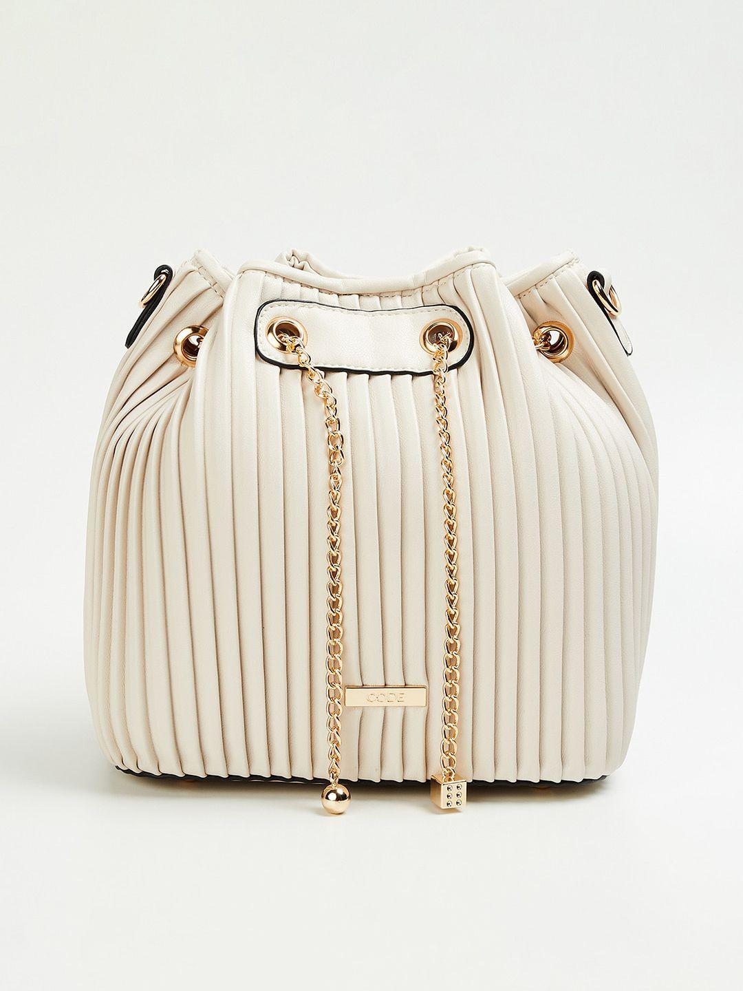 code by lifestyle beige textured bucket sling bag