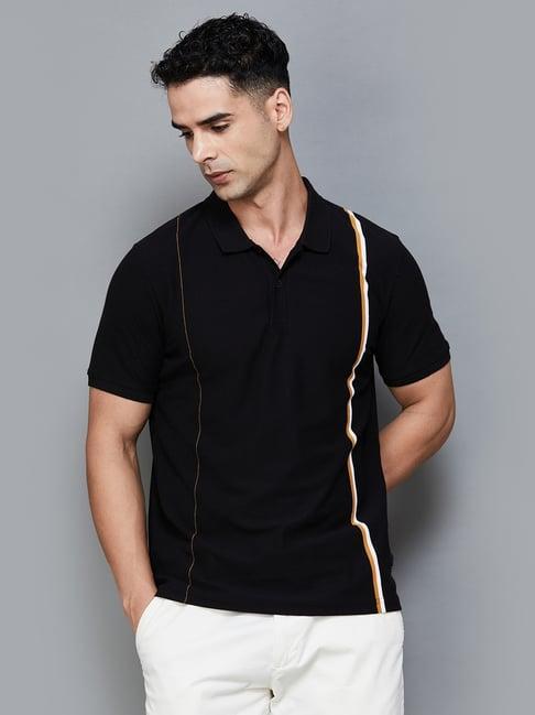 code by lifestyle black regular fit striped polo t-shirt