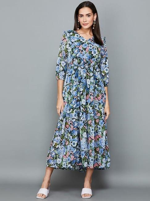 code by lifestyle blue & black printed a-line dress