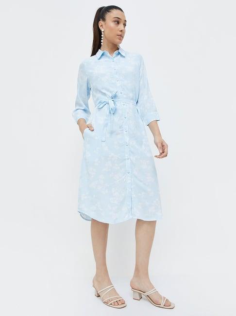 code by lifestyle blue & white floral print shirt dress