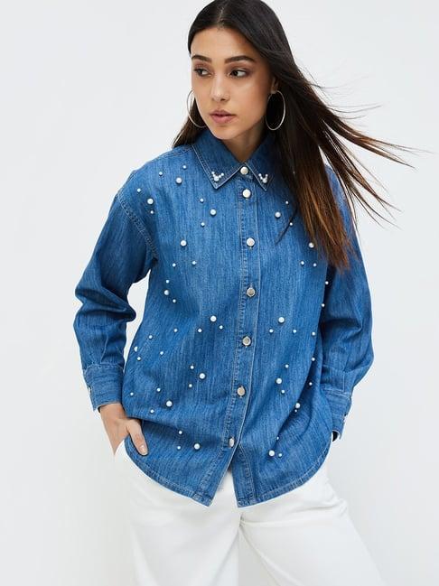 code by lifestyle blue cotton embellished shirt