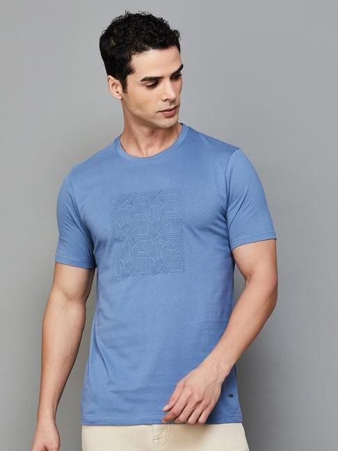code by lifestyle blue cotton regular fit printed t-shirt