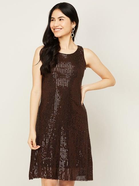 code by lifestyle brown embellished a-line dress