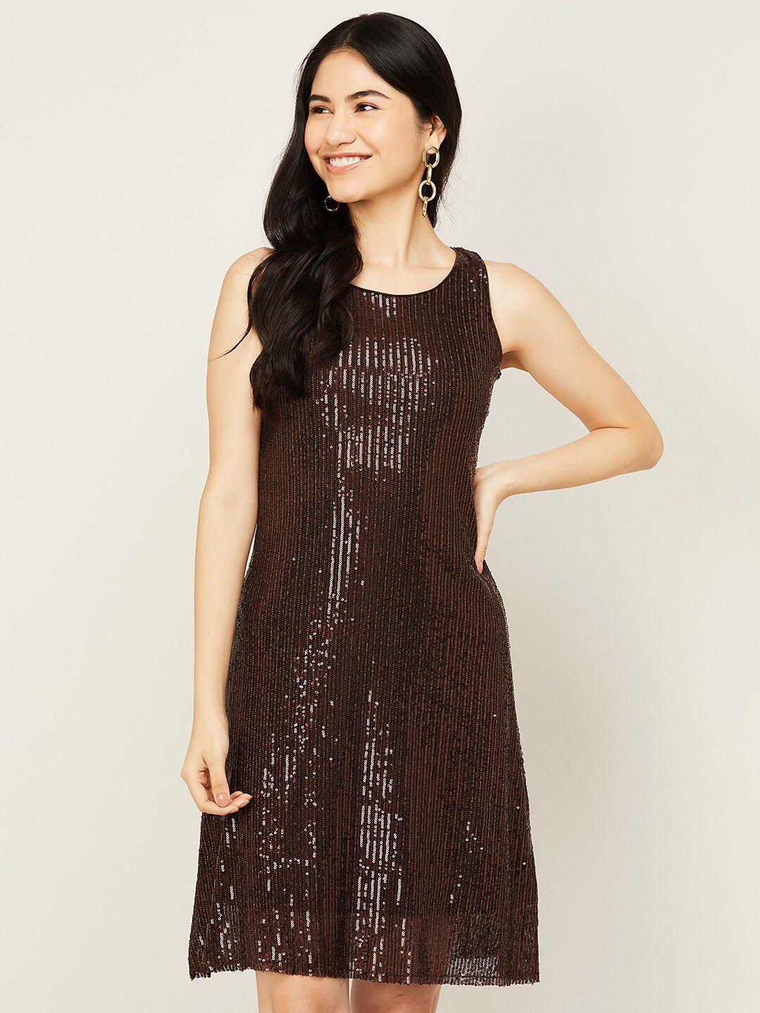 code by lifestyle brown sequin embellished a-line mini dress