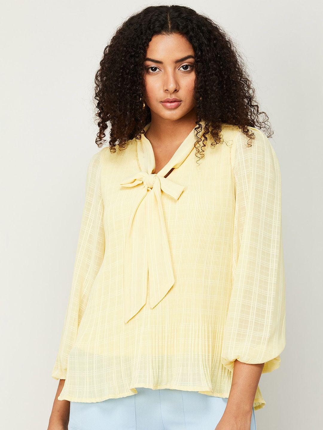 code by lifestyle checked tie-up neck puff sleeves top