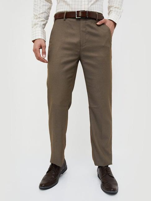 code by lifestyle dark beige regular fit textured flat front trousers