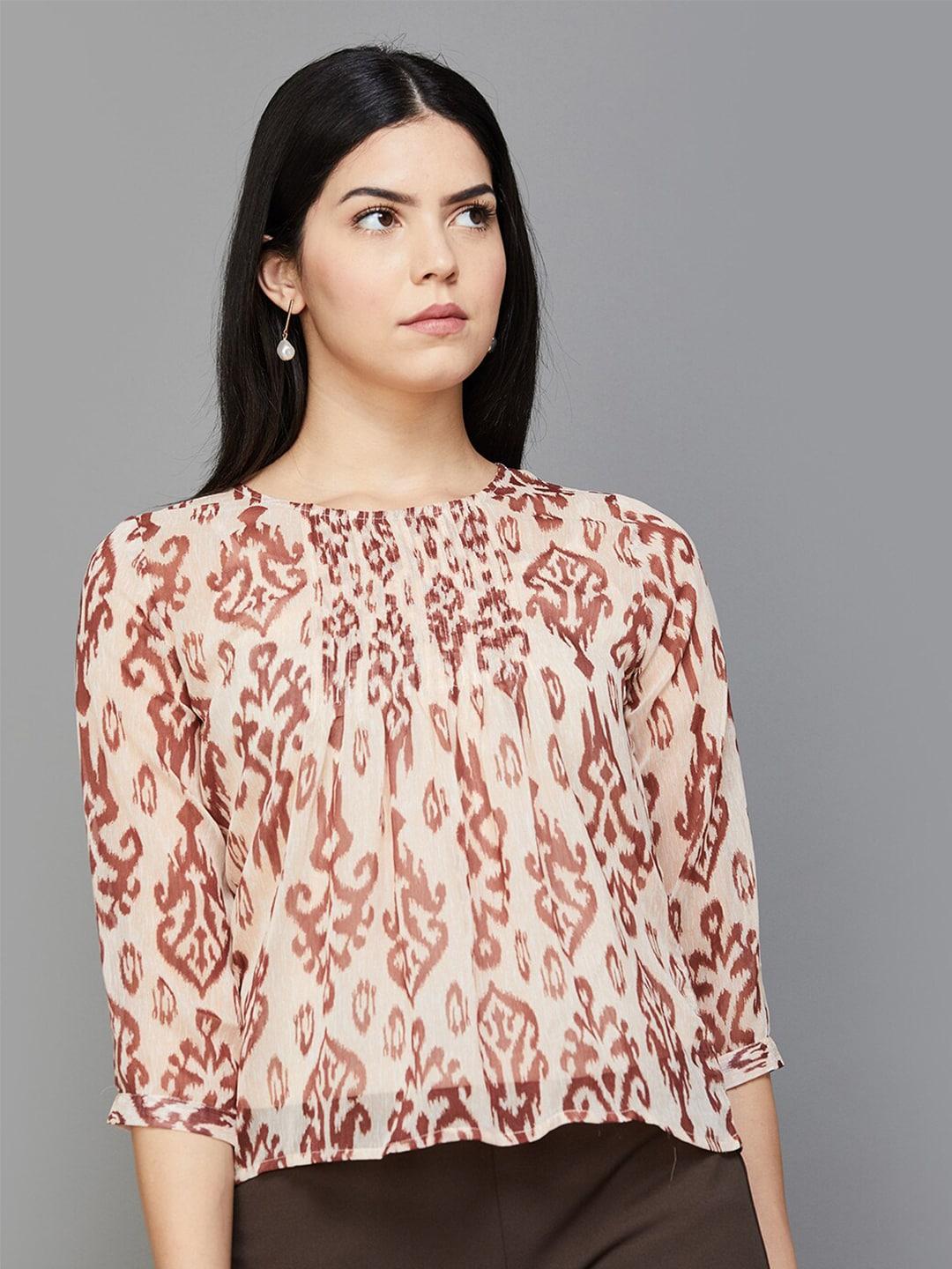code by lifestyle ethnic motifs printed cuffed sleeves top with slip