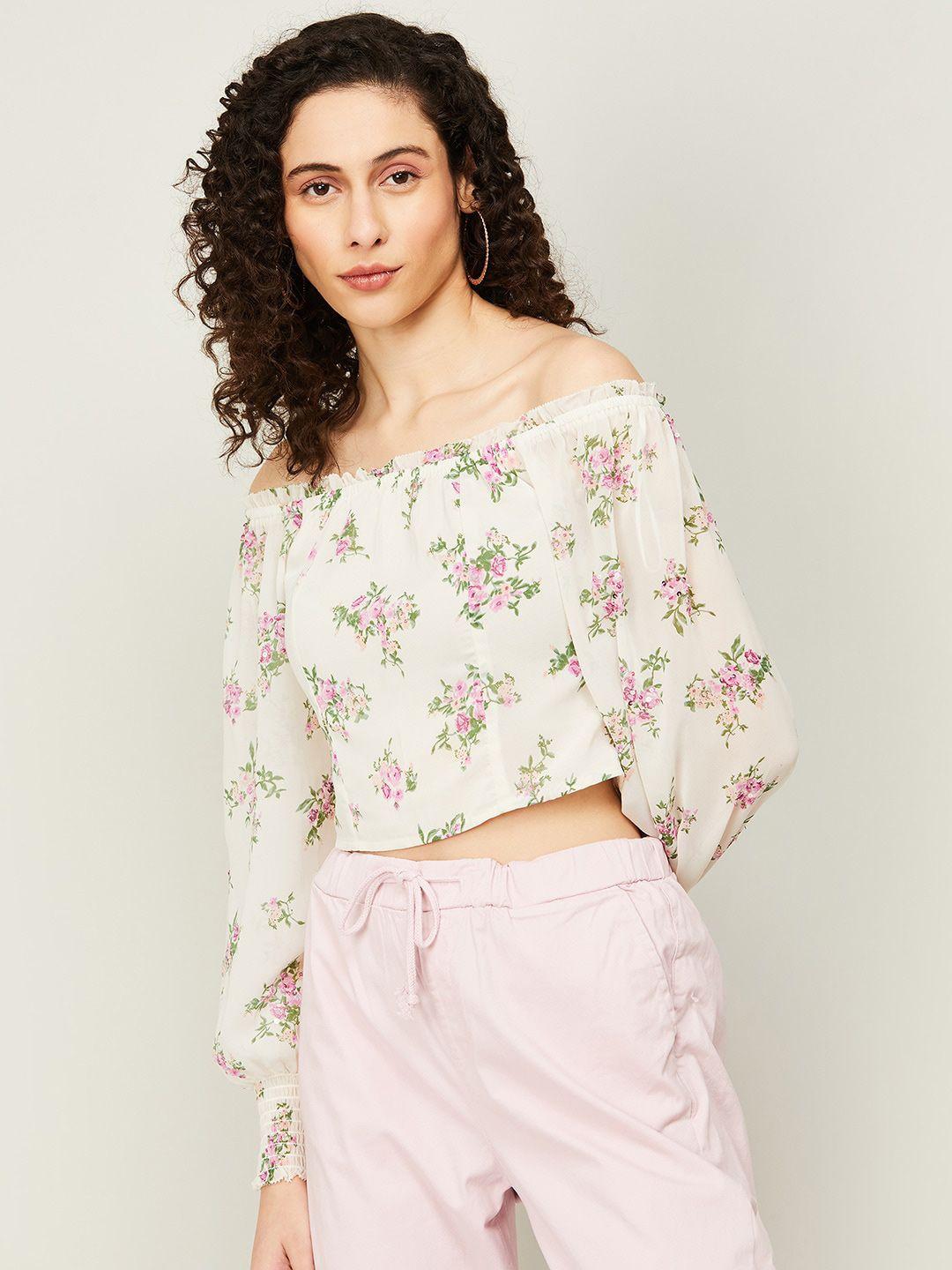 code by lifestyle floral print off-shoulder smocked puff sleeves bardot crop top