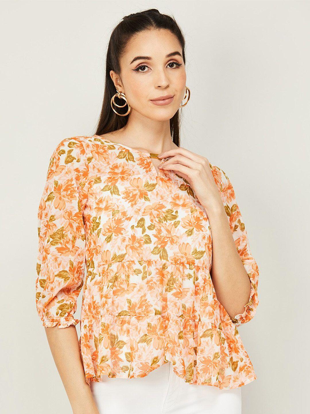 code by lifestyle floral printed keyhole neck puff sleeves top