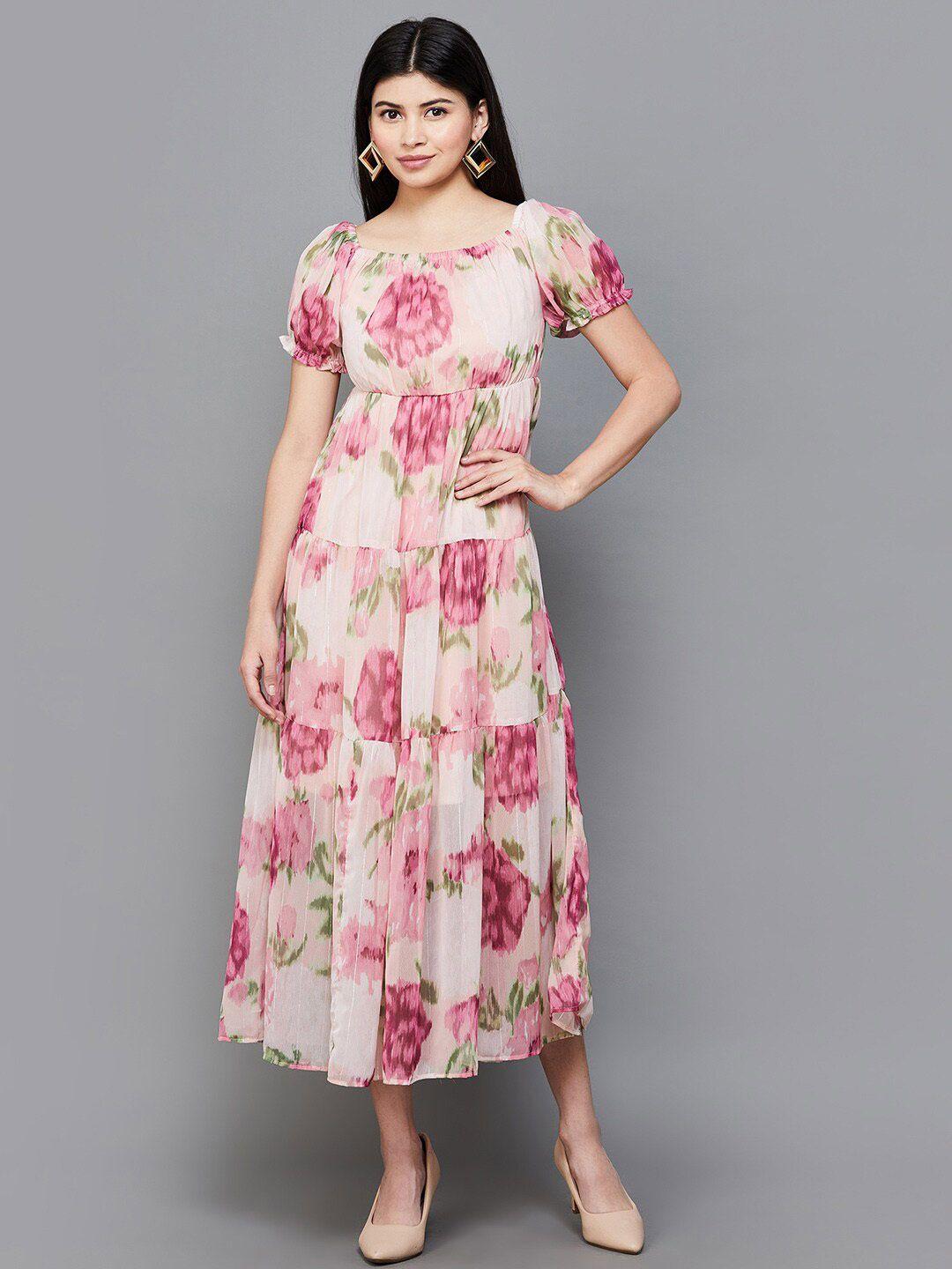 code by lifestyle floral printed puff sleeve fit & flare midi dress