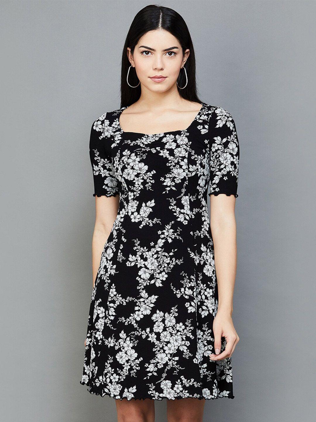 code by lifestyle floral printed square neck puff sleeves a-line dress