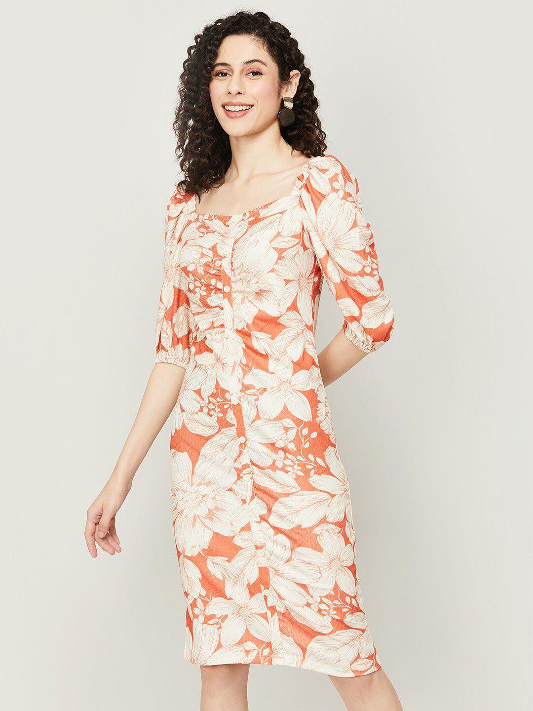 code by lifestyle floral printed square neck puff sleeves sheath dress