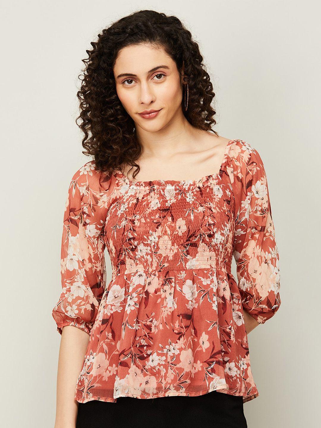 code by lifestyle floral printed square neck smocked puff sleeves peplum top