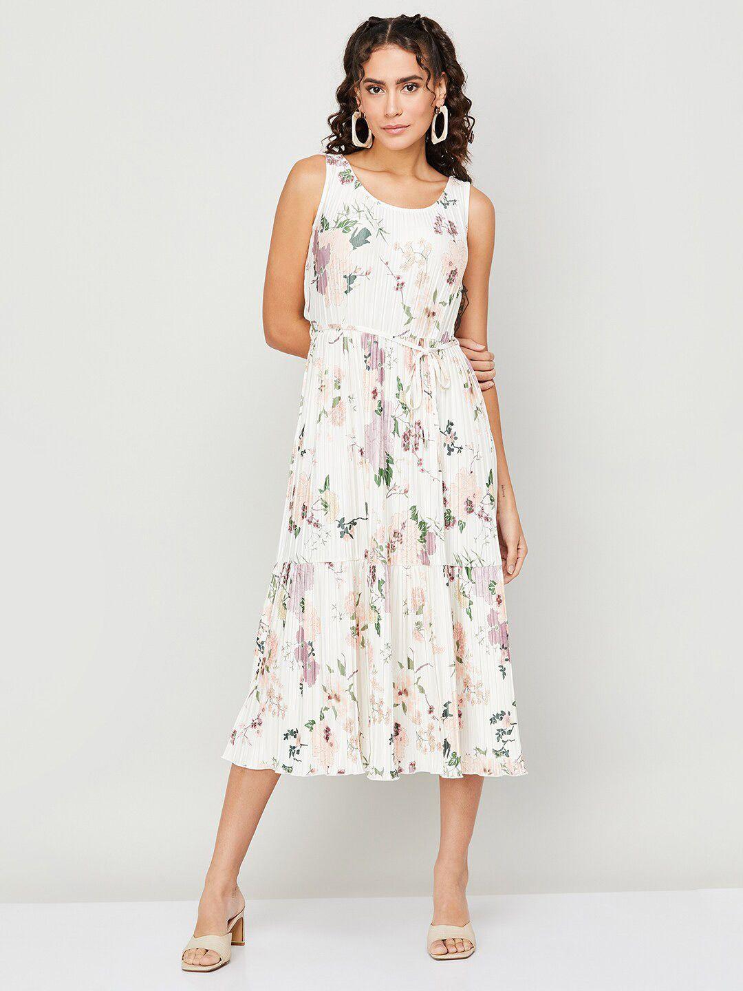 code by lifestyle floral printed tie-up tiered accordion pleats fit & flare midi dress