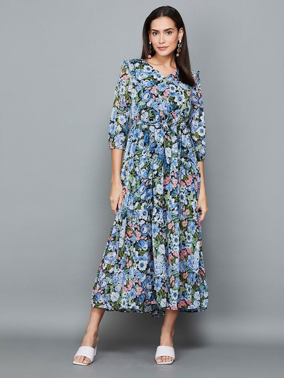 code by lifestyle floral printed v-neck puff sleeve tie-ups fit & flare midi dress