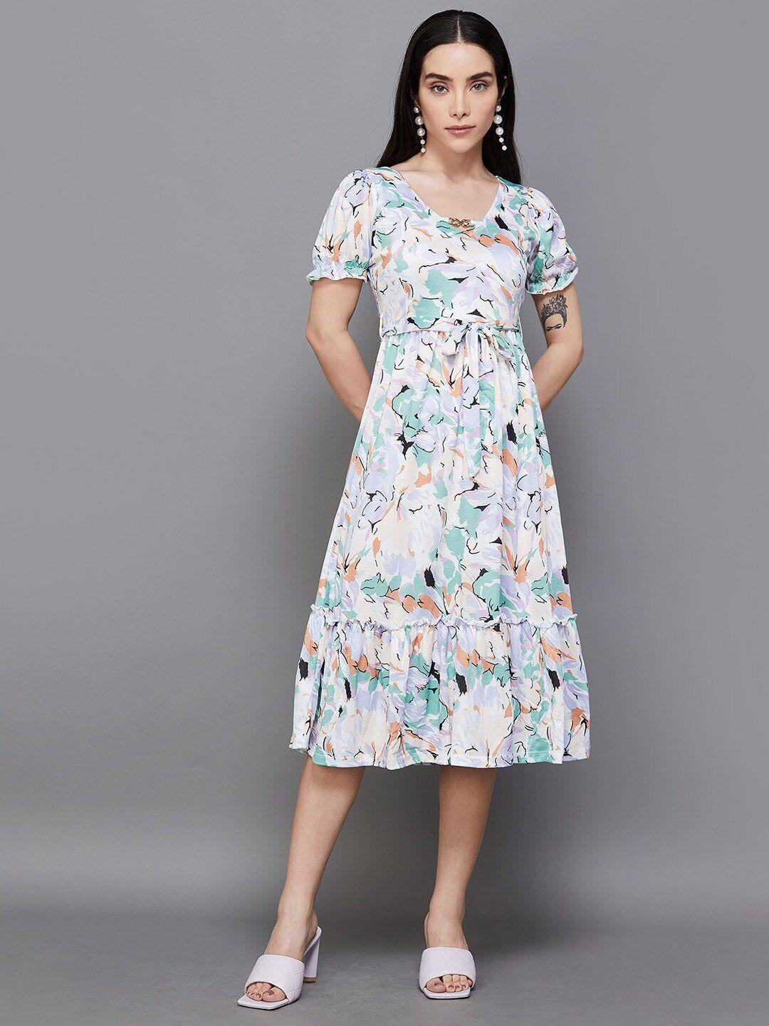 code by lifestyle floral printed v-neck puff sleeves fit & flare midi dress