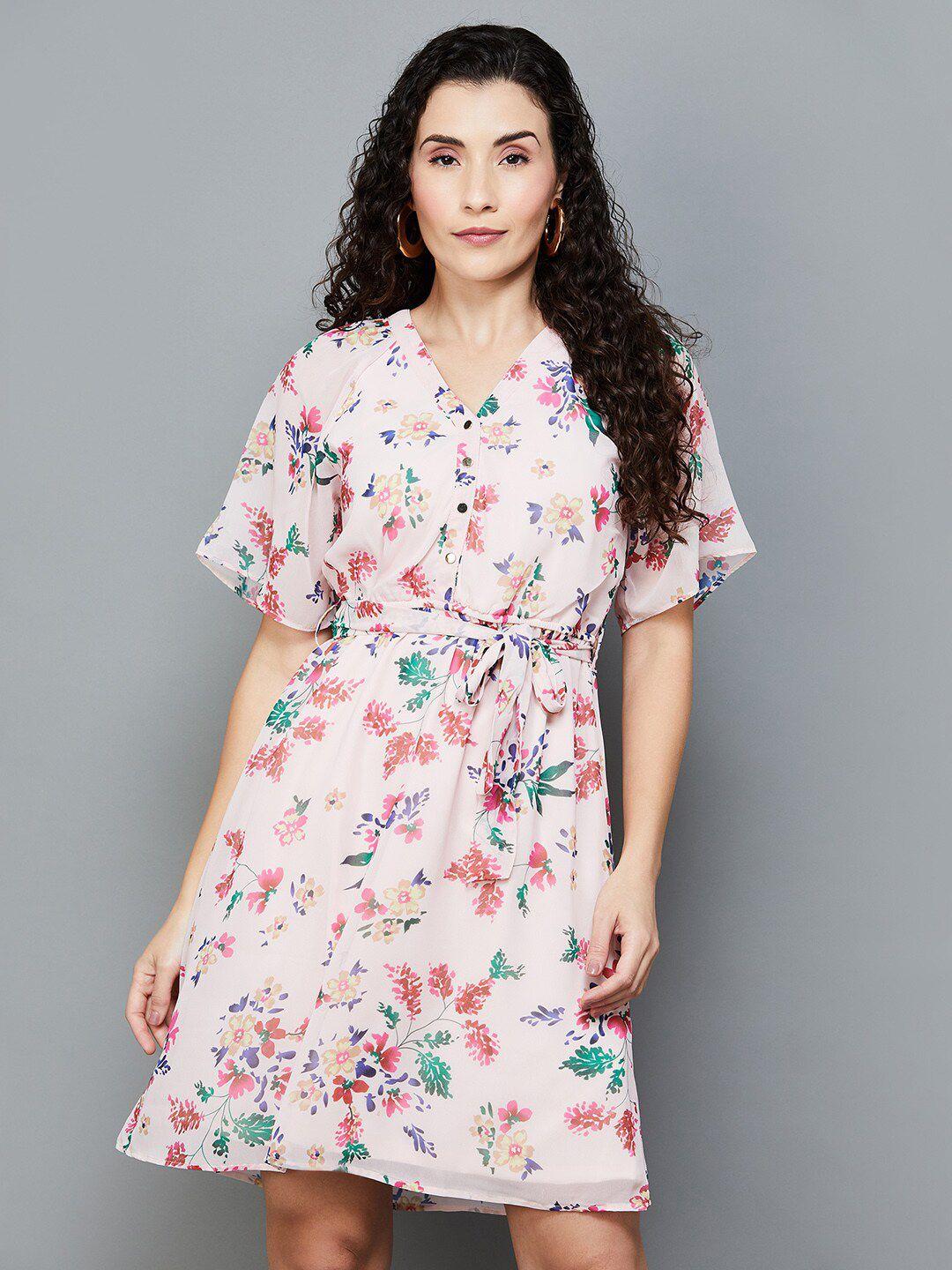 code by lifestyle floral printed v-neck raglan sleeves a-line dress with belt