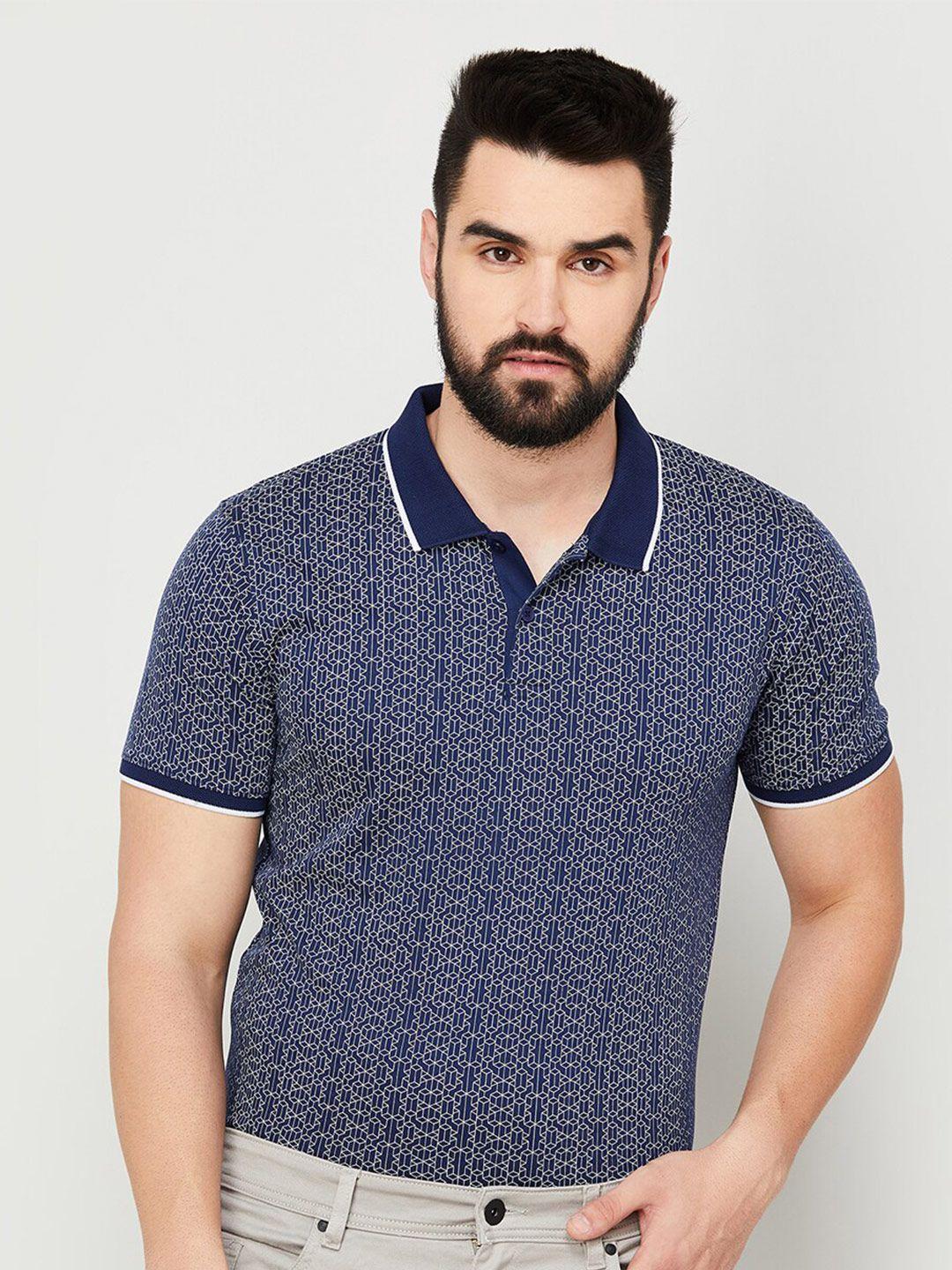 code by lifestyle geometric printed polo collar slim fit t-shirt