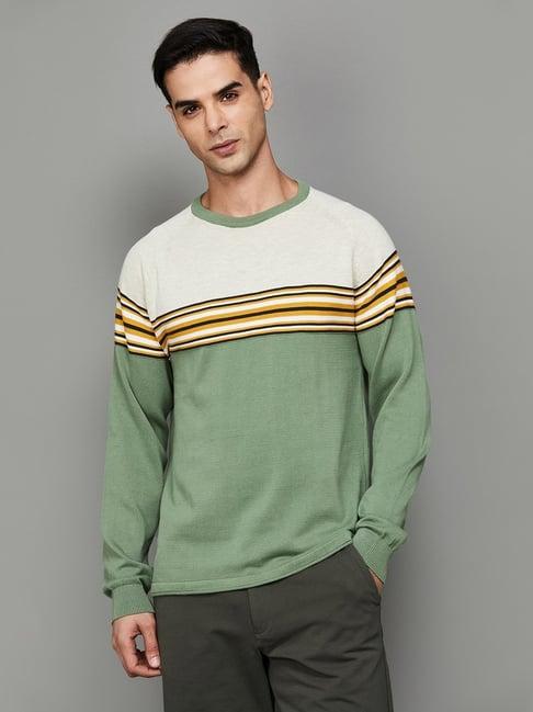 code by lifestyle green & white cotton regular fit colour block sweaters