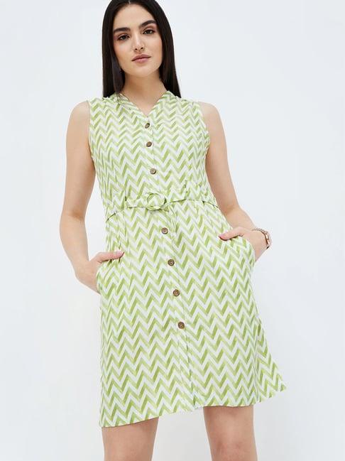 code by lifestyle green & white printed a-line dress with belt