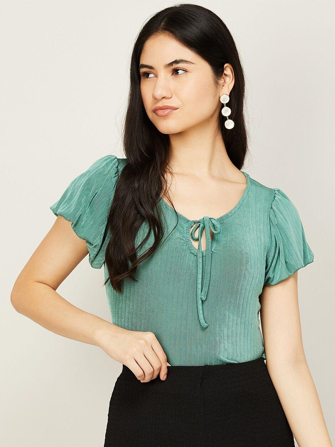 code by lifestyle green tie-up neck cotton top