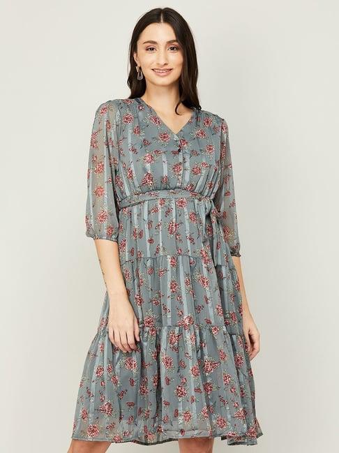 code by lifestyle grey floral print a-line dress