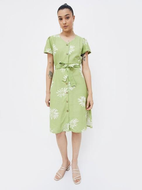 code by lifestyle light green & white printed shirt dress