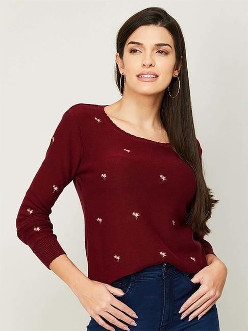 code by lifestyle maroon cotton embroidered top