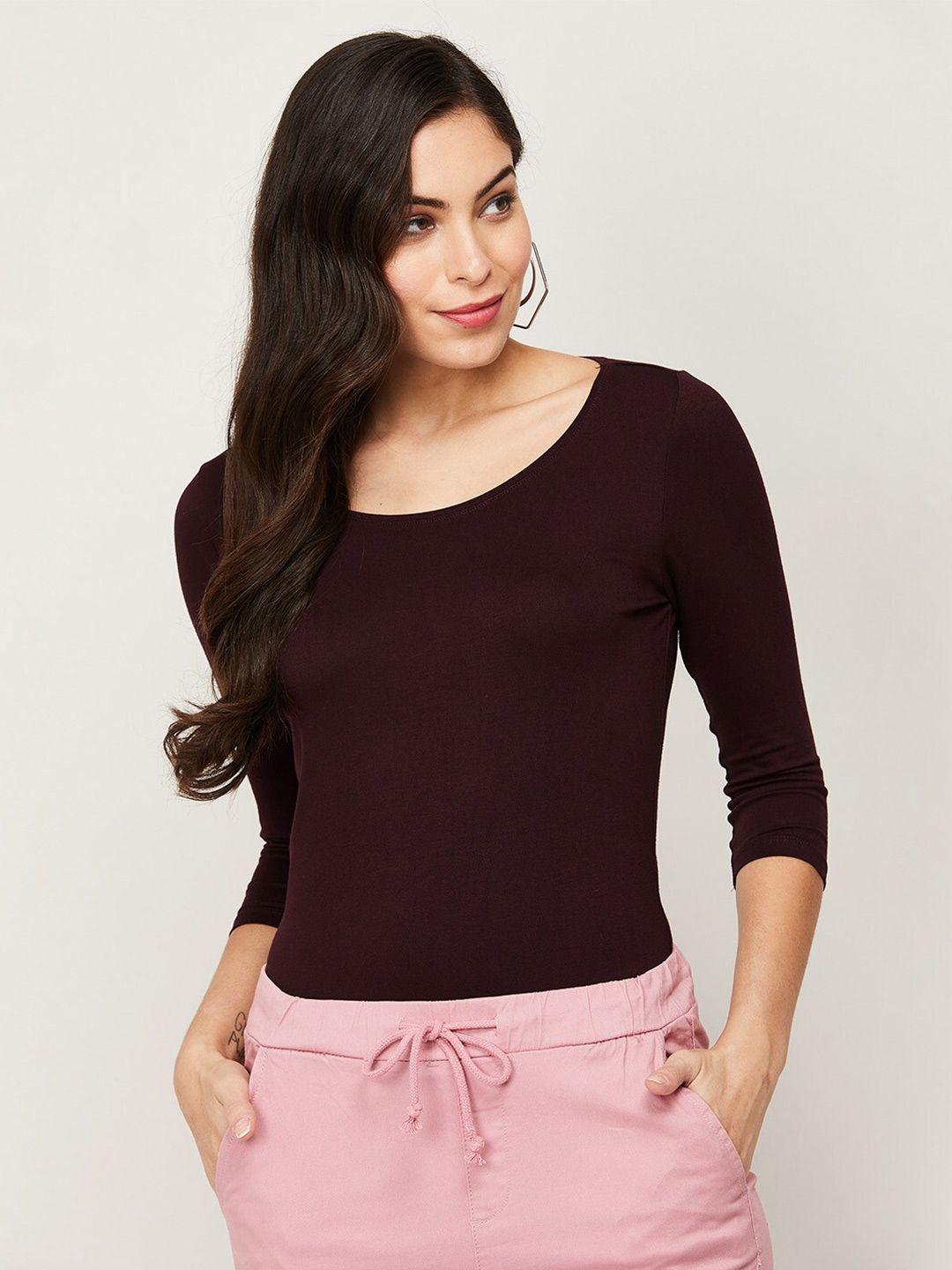 code by lifestyle maroon solid fitted top