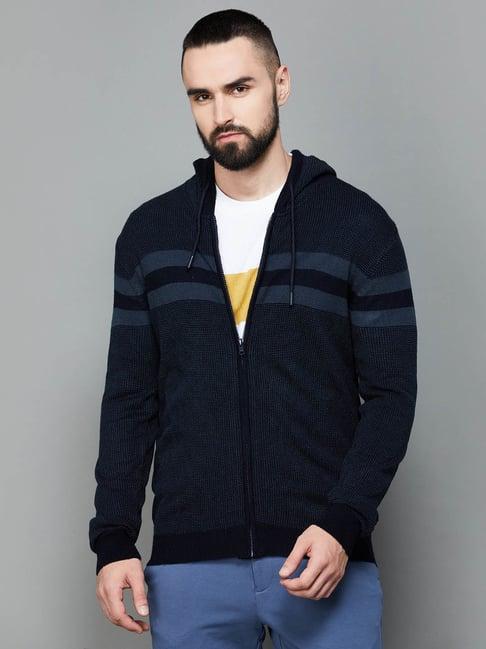 code by lifestyle navy regular fit colour block hooded sweatshirt